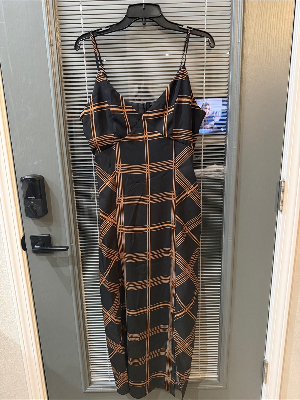 Halogen Black Slip Midi Dress with Brown Plaid